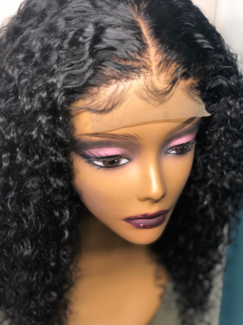 Kinky Curly Virgin hair Lace closure Wig Lace frontal wig pre-plucked 4x4 , 13x4 #1b Hair Custom wig 200 density free part image 5