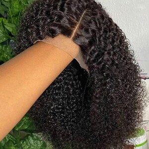 Kinky Curly Virgin hair Lace closure Wig Lace frontal wig pre-plucked 4x4 , 13x4 #1b Hair Custom wig 200 density free part image 6