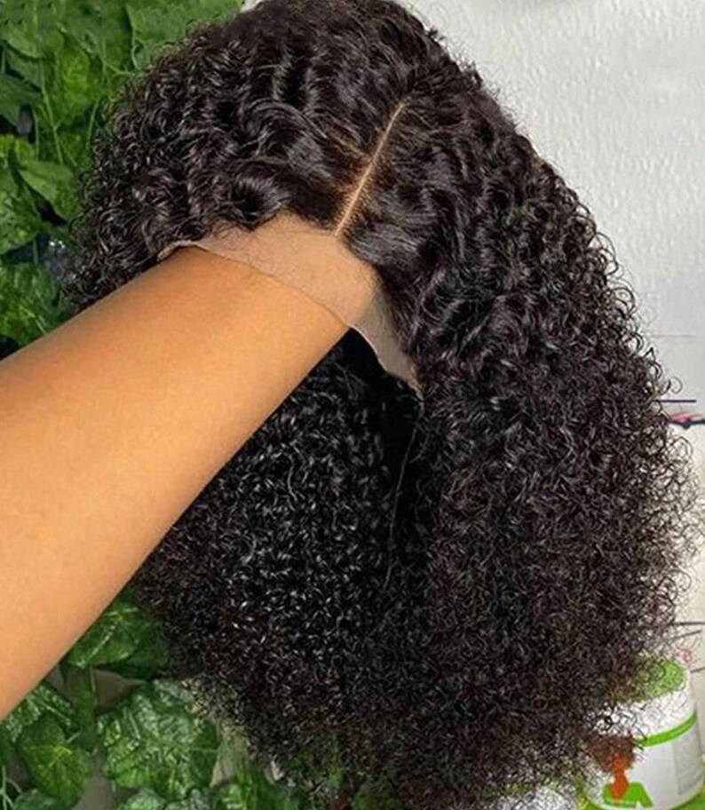 Kinky Curly Virgin hair Lace closure Wig Lace frontal wig pre-plucked 4x4 , 13x4 #1b Hair Custom wig 200 density free part image 6
