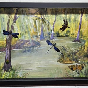 3 Dimensional Shadow Box Framed Painting. DRAGONFLY SWAMP