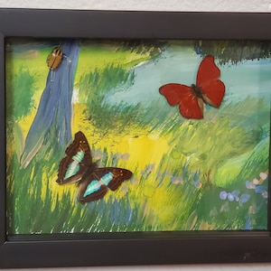 3 Dimensional Shadow Box Framed painting with real butterflies and beetle &quot; Jungle River&quot;