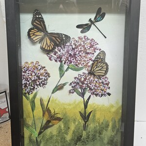 3 Dimensional Shadow Box Framed painting with real monarch butterflies &quot;Monarchs on Milkweed #3