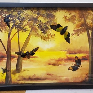 3 Dimensional Shadow Box Framed painting with real insects. &quot;THE INSECTS AWAKEN&quot;
