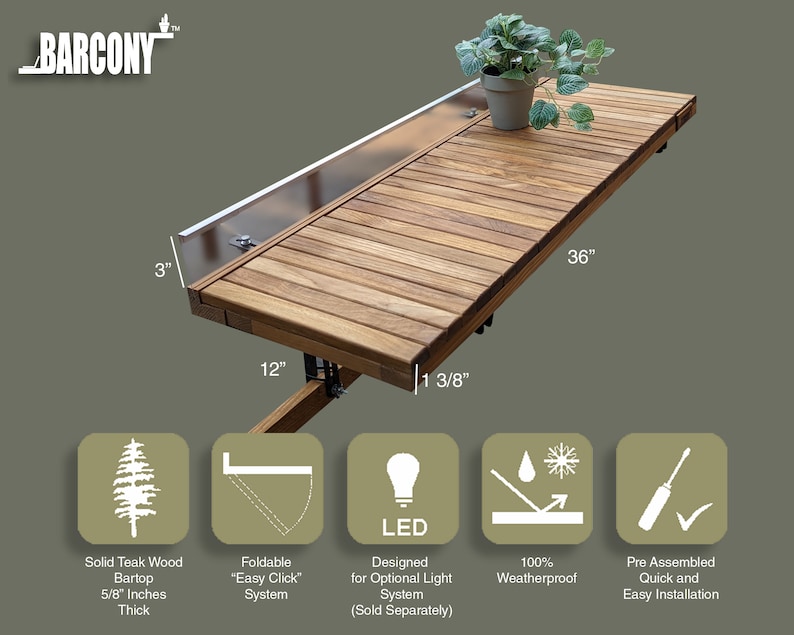Pode incluir: Um tampo de bar em madeira maci&ccedil;a de teca, com 91 cm de comprimento, 30 cm de largura e 1,6 cm de espessura. Possui um sistema "Easy Click" dobr&aacute;vel e &eacute; 100% &agrave; prova de intemp&eacute;ries. Inclui uma pequena planta em vaso. Projetado para ilumina&ccedil;&atilde;o LED opcional.