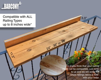 Foldable Balcony Table Railing Bar, REAL CEDAR wood Solid Bartop 1" thick. Unique with LED light bar and compatible with all railing types.