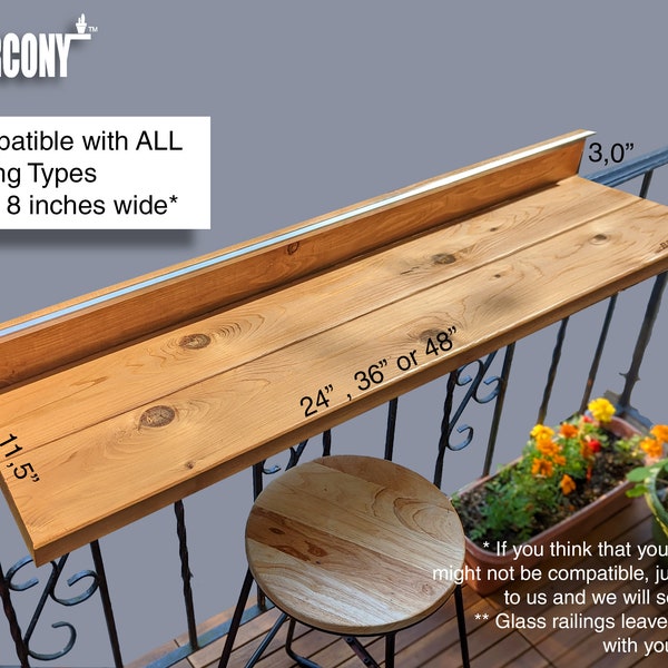 Foldable Balcony Table Railing Bar, REAL CEDAR wood Solid Bartop 1" thick. Unique with LED light bar and compatible with all railing types.