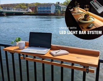 Balcony Bar Foldable - Table Railing Bar, REAL CEDAR wood Solid Bartop 1" thick. With LED light bar and compatible with all railing types