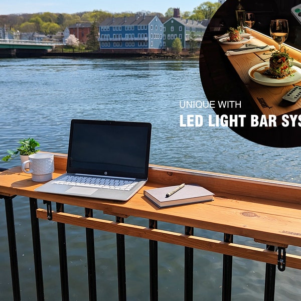 Balcony Bar Foldable - Table Railing Bar, REAL CEDAR wood Solid Bartop 1" thick. With LED light bar and compatible with all railing types