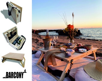 Luxury Wine Picnic Table Set/ Portable Case. Includes 2 Unbreakable Wine Glasses and Wine Opener. BARCONY SUNSET. Foldable boho picnic table