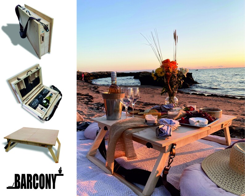 Luxury Wine Picnic Table Set/ Portable Case. Includes 2 Unbreakable Wine Glasses and Wine Opener. BARCONY SUNSET. Foldable boho picnic table image 1