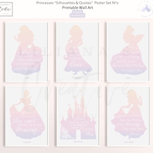 Silhouettes Poster Set, Wall Art, Princesas, Carteles digitales, Set de seis, Citas, Siluetas, Impresión, Decoración, Citas disney