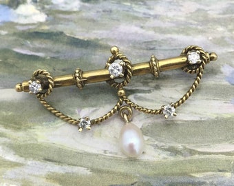 Antique 14k Gold Diamond + Pearl Nautical Brooch