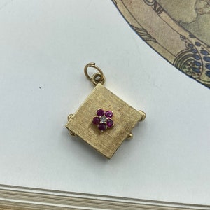 Vintage c.1950s Solid 14k Gold Square Locket Pendant + Ruby and Diamond Floral Center