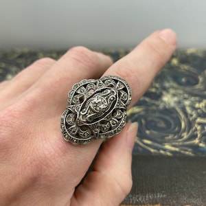 STUNNING Antique Victorian Sterling Silver + Marcasite Statement Ring (US 8.5)