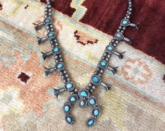 Vintage Old Pawn Sterling Silver Navajo Native American Turquoise Squash Blossom