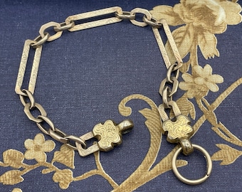 Antique Victorian c.1900s Solid 10k Gold Etched Paperclip Link Fob Chain
