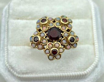 Vintage c.1940s/50s 10k Gold Micro Opal Florette + Garnet Cluster Ring