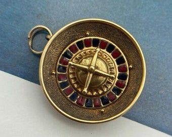 Kinetic 18k Gold Vintage Mid Century c.1950s Roulette Wheel Casino Charm w Enamel Details + Green & Blue Chalcedony