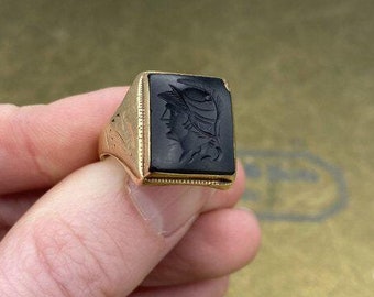 Onyx Gold Ring With Roman Soldier Antique Men's 10k Gold Georgian