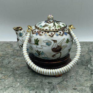 Miniature Cloissone Teapot w Base + Crane Motif