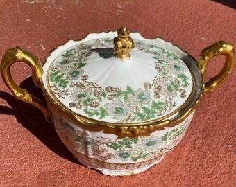 c.1900s "J. Pouyat" Art Nouveau Limoges France Peony + Gilt Lidded Candy/Sugar Dish