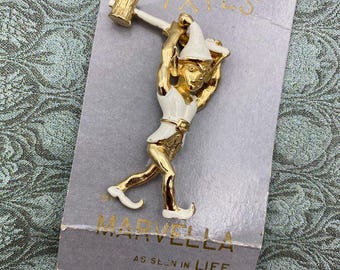 c.1950s "Pixies" By Marvella Golden + Enamel Mining Figural Brooch