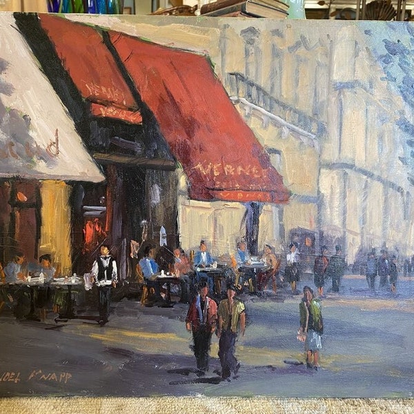 Original 'En Plein Air' Impressionistic Café Bistro Landscape Oil Painting Signed by Artist "Joel Knapp" (1939-2020) of Cottontown, TN