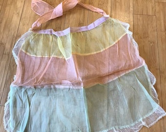 Vintage c.1930s/40s Raw Silk Chiffon Sherbet Color Block Hostess Apron w Tatted Lace Trim