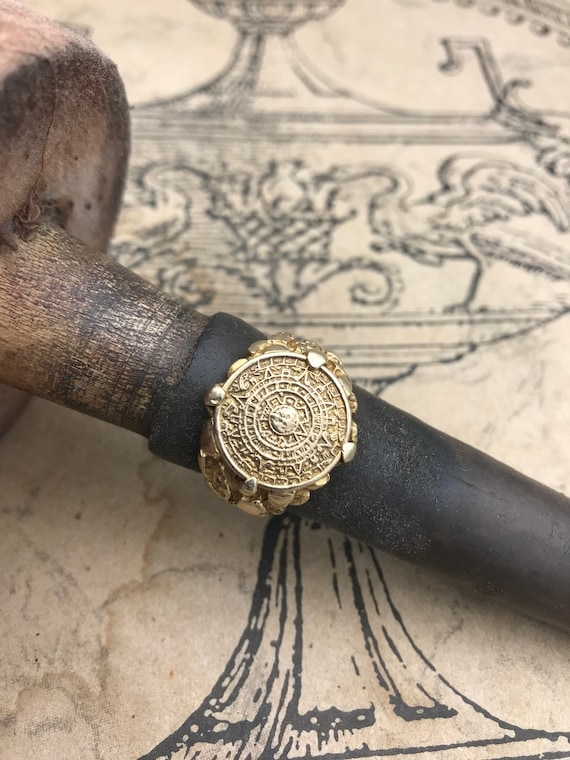 14k Gold Mayan Calendar Nugget Ring