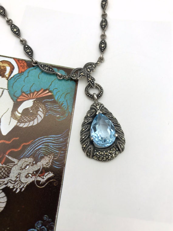 Antique C.1920s Art Deco Blue Topaz + Marcasite Dr