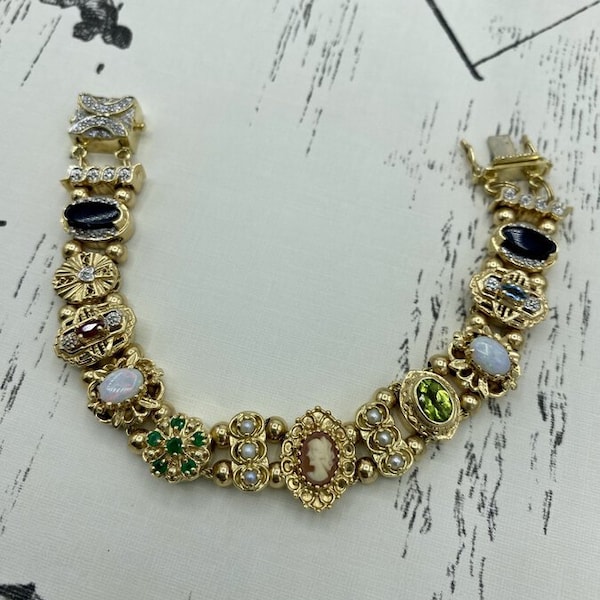 14k Gold Diamond + Precious Gemstone 7" Vintage Slide Bracelet
