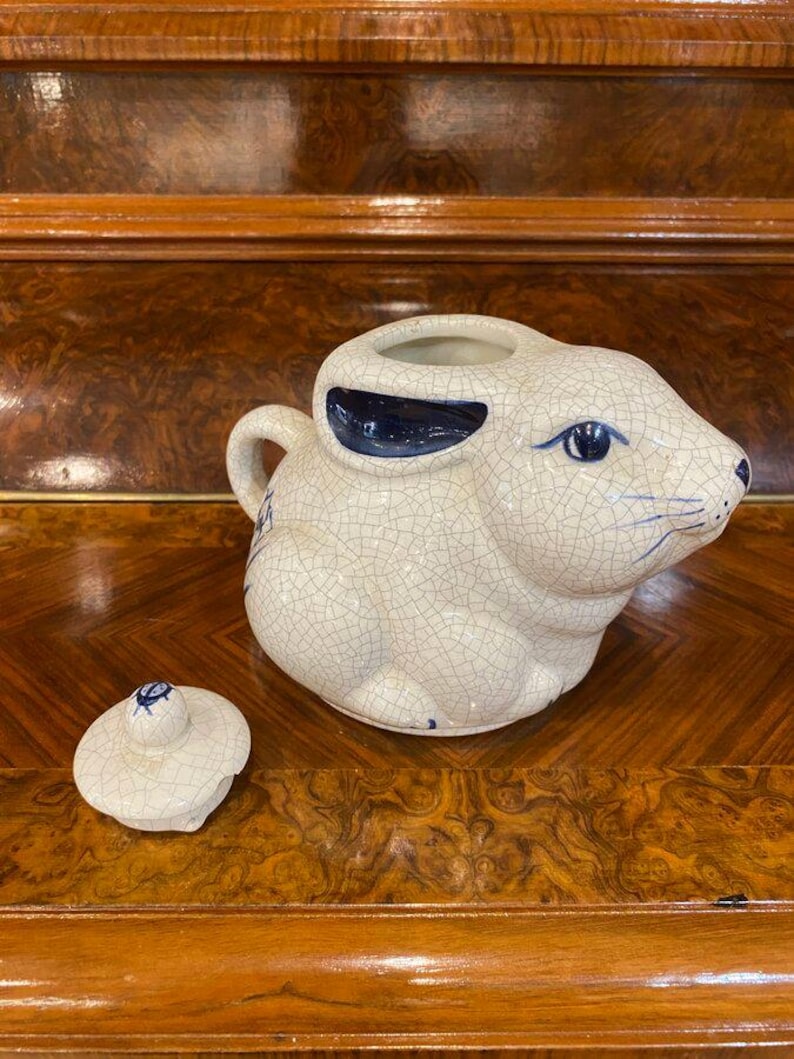 Rare Dedham Signed Vintage G.1999 Blue White Crazed Bunny Rabbit Tea ...