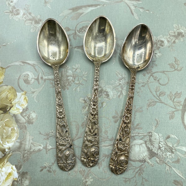 Set of 3 S. Kirk and Sons Sterling Silver Floral Repousse Demitasse Spoons