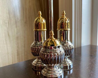 CUTE 4pcs Silver Plate + Brass Detailed S&P + Sugar w Mirrored Stand Carrier