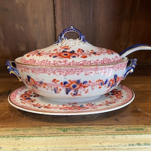Antique &quot;Keeling & Co.&quot; Late Myers Devon 4pc Ceramic Stoneware Tureen w Lid, Ladle, + Saucer