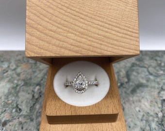 Modern Classic 14k White Gold .75ct Pear Cut Diamond Center Engagement Ring w Diamond Framing + Shoulders