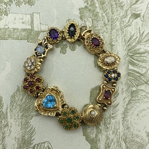 Solid 14k Gold Vintage Completed Semi-Precious Gem + Diamond Slide Bracelet