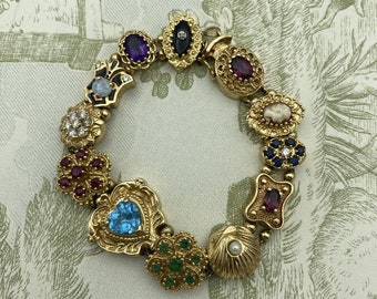 Solid 14k Gold Vintage Completed Semi-Precious Gem + Diamond Slide Bracelet