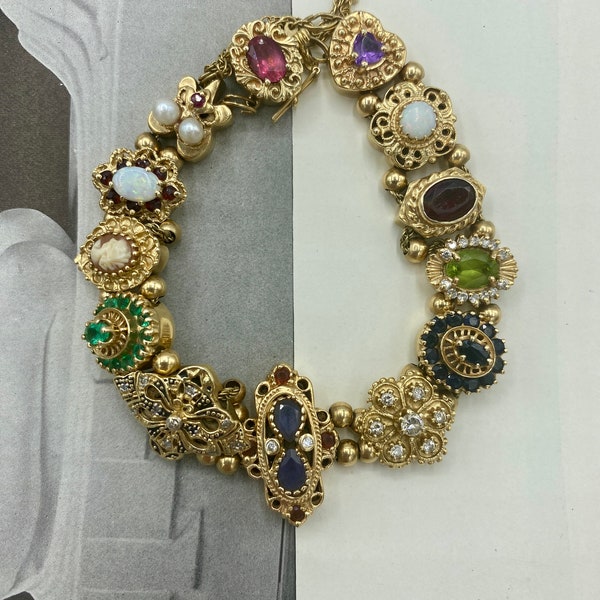 Vintage Solid 14k Gold Diamond + Precious Gemstone *Complete* Slide Charm Bracelet