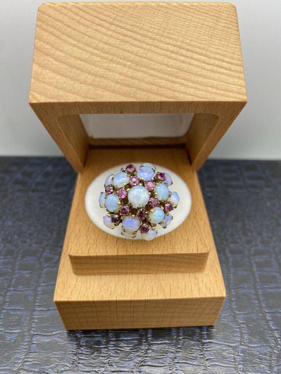 Antique 10k Gold Ruby + Opal Bombe Ring - image 3