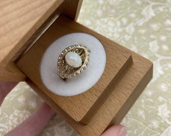 Vintage 14k Gold Opal + Old Mine Diamond Almond Eye Ring