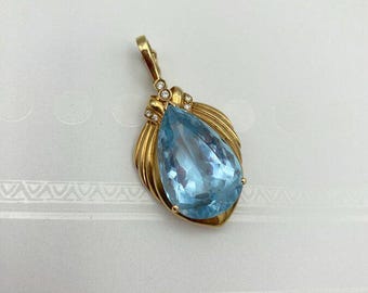 14k Gold Large Pear Faceted Blue Topaz + Diamond Pendant w Draped Molded Intricate Setting