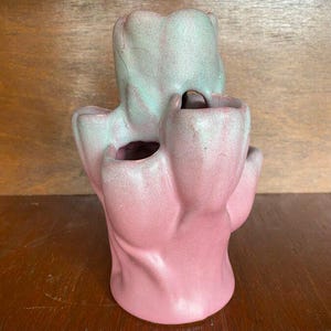May include: A two-tone ceramic vase in pink and mint green. The vase has a unique, organic shape with multiple openings, possibly for flowers or decorative purposes. The base is a solid pink, transitioning to mint green at the top.