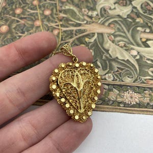 14k Turkish Gold Filigree + Cannetille Heart 20&quot;L Drop Necklace