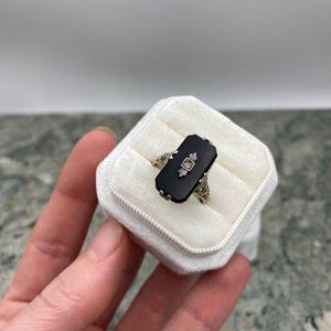 Antique Edwardian 14k White Gold Black Onyx + Diamond Filigree Dinner Ring