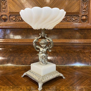 Pedestal Milk Glass Silver Gilt Cherub Candy Dish