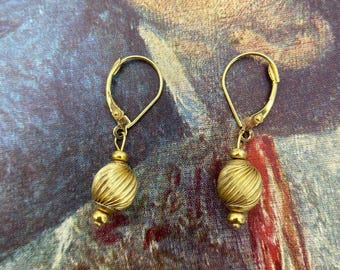 14k Gold Spherical Fluted Simplistic Globe Drop Earrings