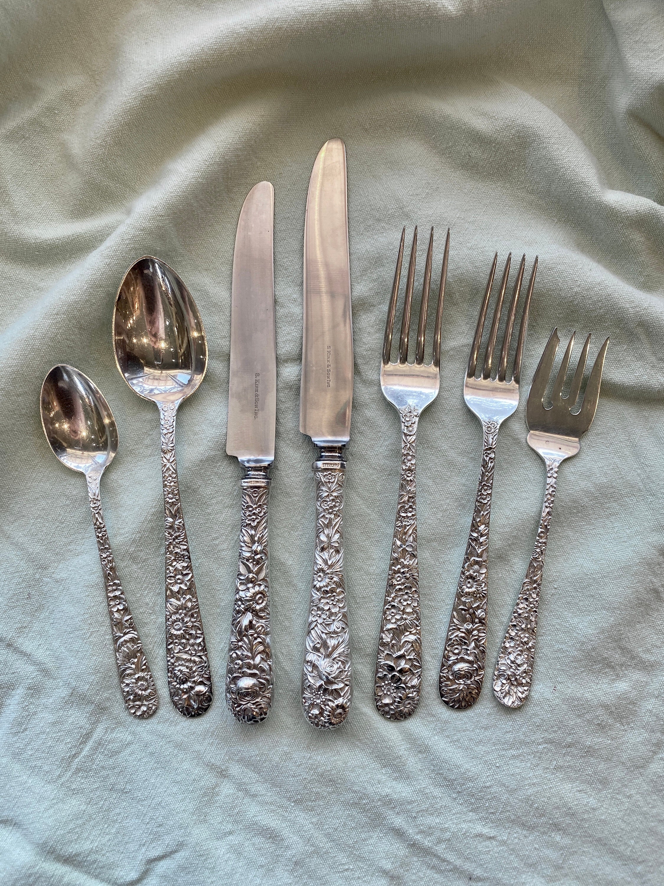 7 Piece “S. Kirk & Son” Sterling Silver Floral Reprousse Place