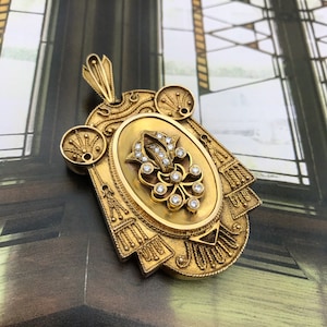 Antique Victorian Etruscan Revival 14k Solid Gold + Diamond Harp Locket Pendant