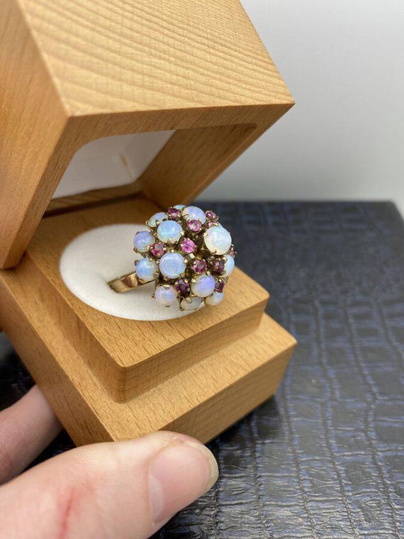 Antique 10k Gold Ruby + Opal Bombe Ring - image 2